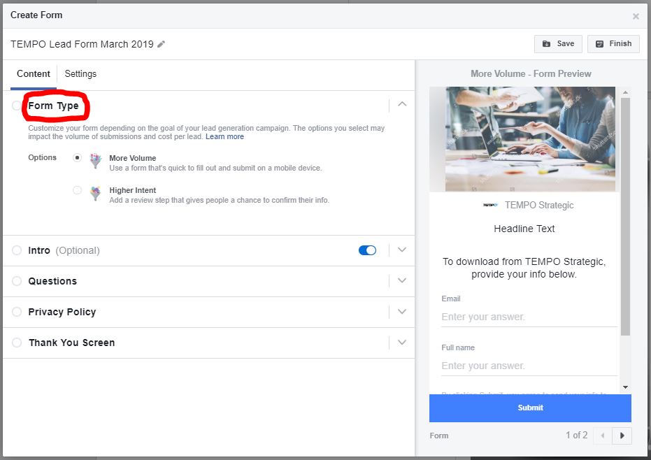Facebook Lead Form Type Selection