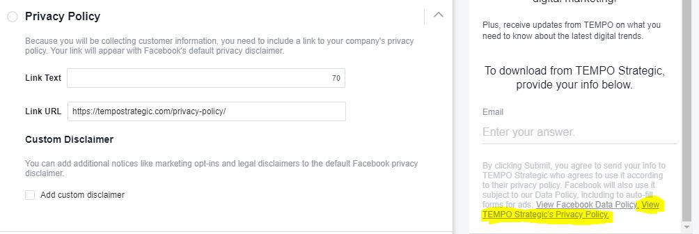 Facebook Lead Form Privacy Policy set up