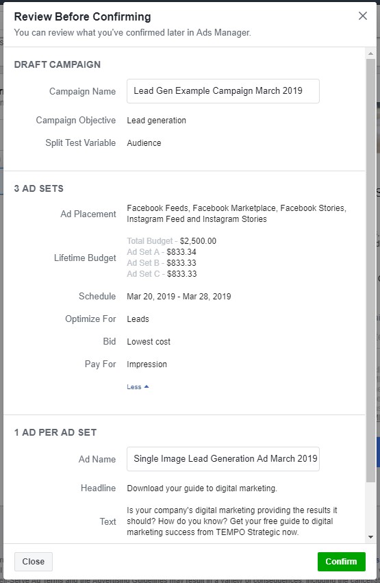 Facebook Lead Form Review before Confirming