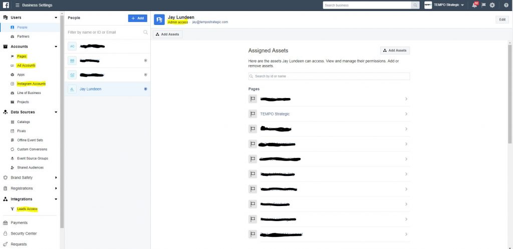 Facebook Business Manager Interface - showing Admin Access, Pages, Ad Accounts, Instagram Accounts, and Leads Access