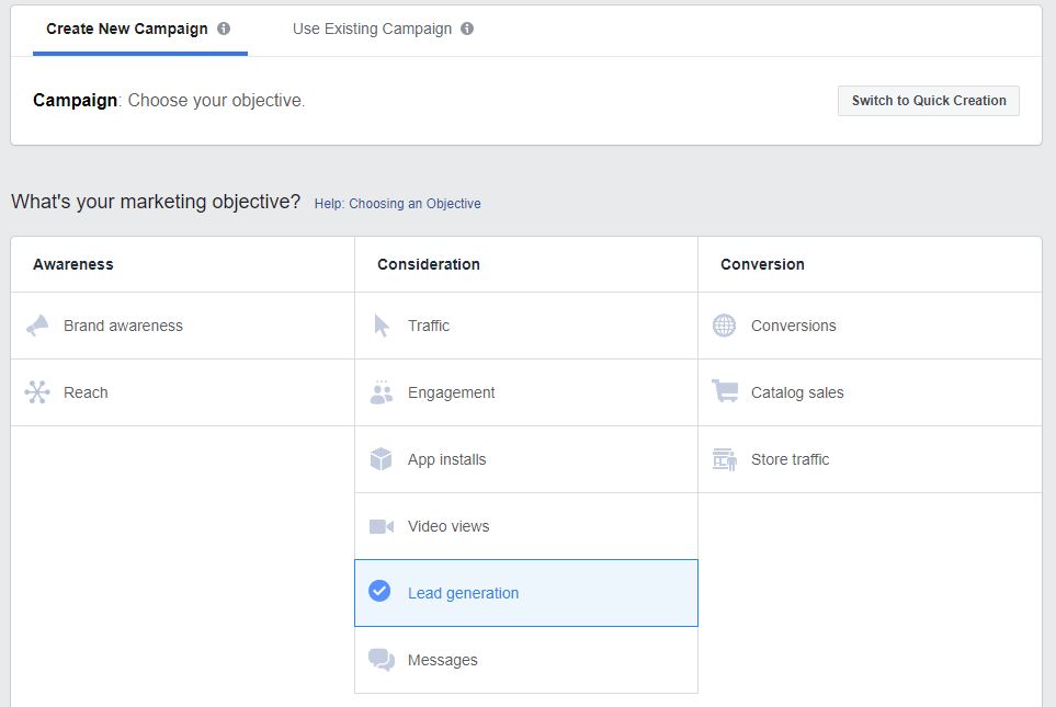Facebook Campaign choose an objective 