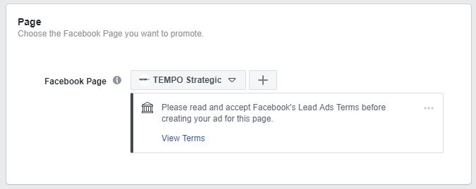 Facebook Page selection for lead generation campaign