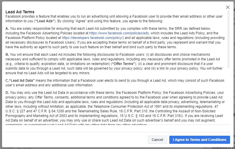 Facebook Lead Ads Terms and Conditions