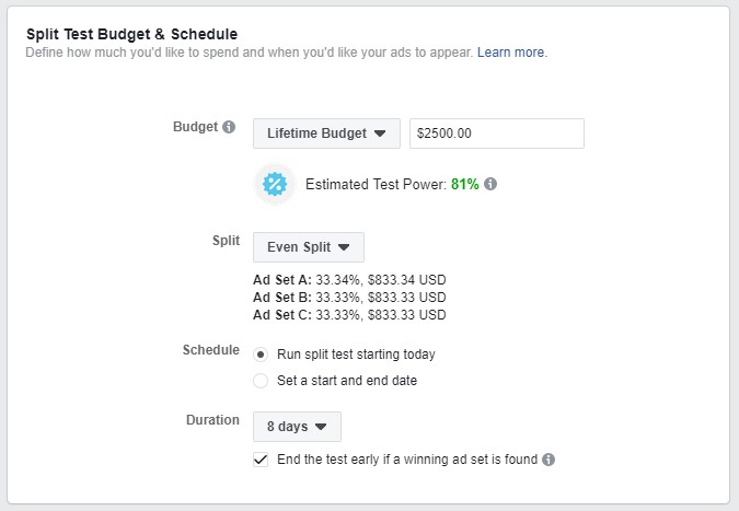 Facebook Campaign Split Test Budget and Schedule options: budget, split, schedule, duration