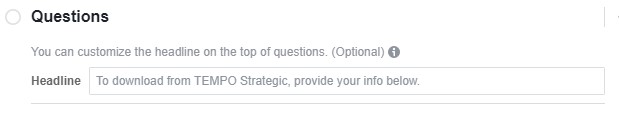 Facebook Lead Form Questions headline editor