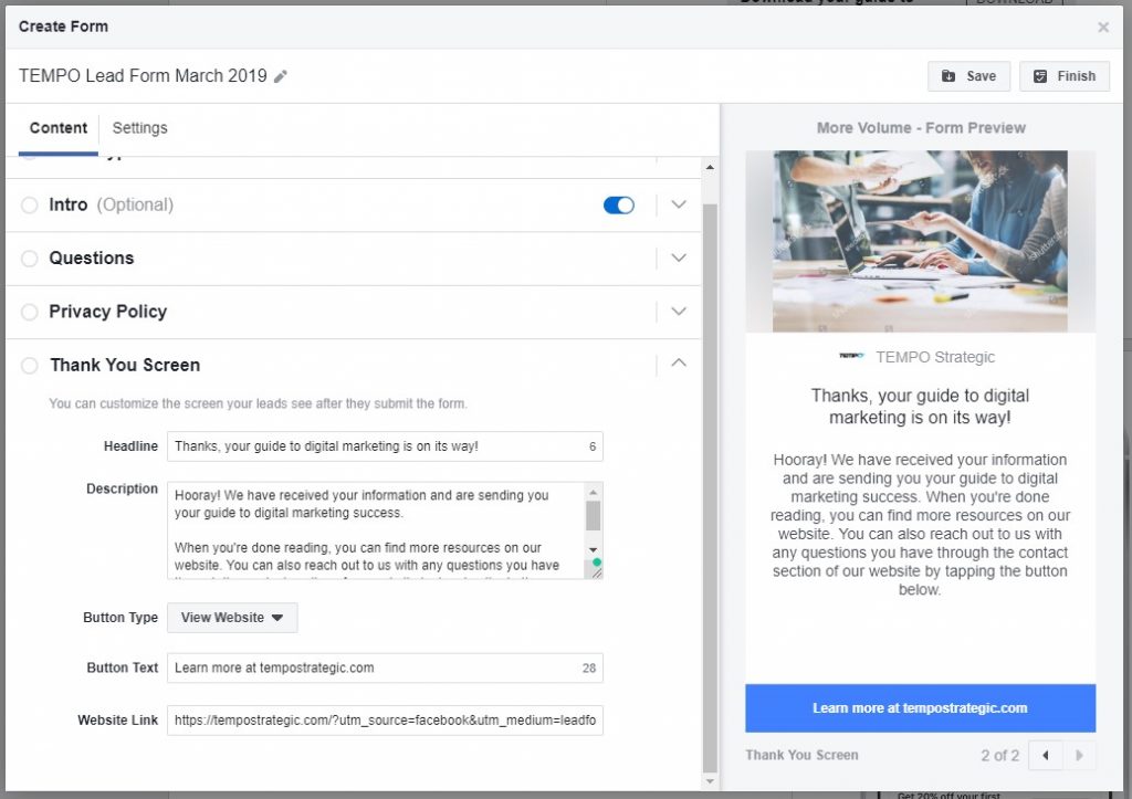 Facebook Lead Form Thank you screen customization