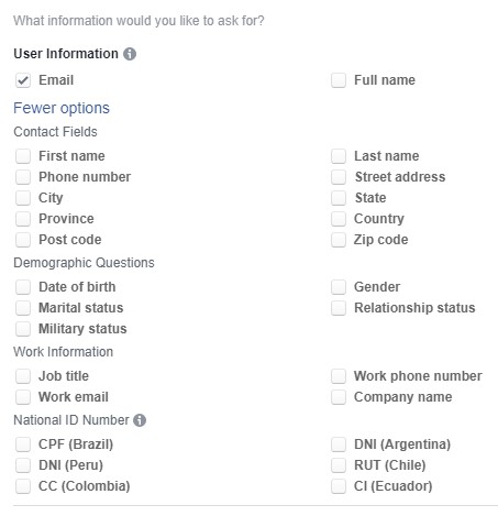 Facebook lead form question selection