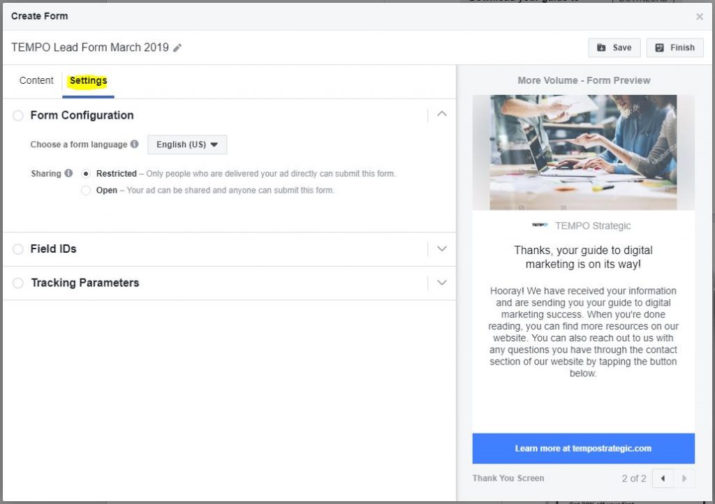 Facebook Lead Form Settings tab