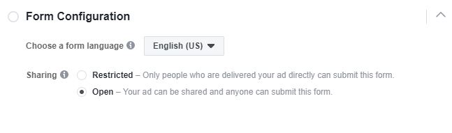 Facebook Lead Form configuration: restricted vs open