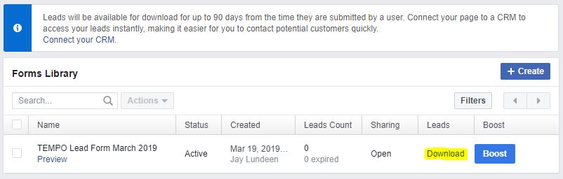 Facebook Lead Form download options