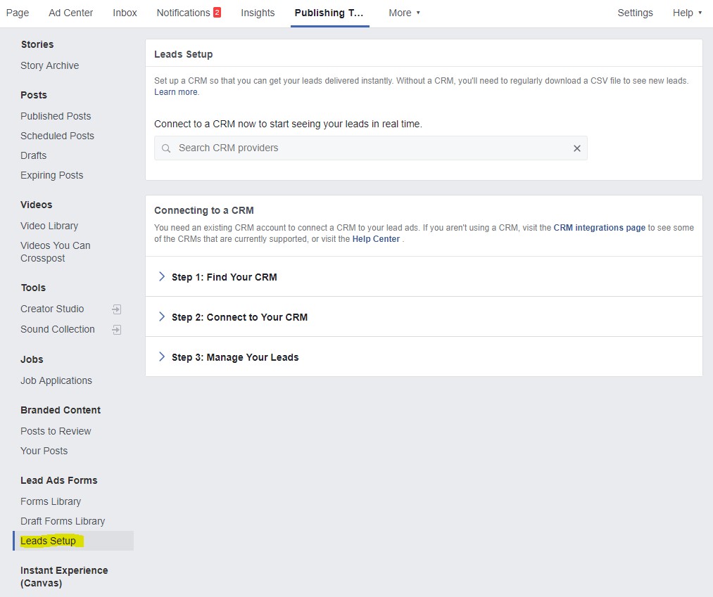 Facebook Page CRM Connection Setup in Publishing Tools