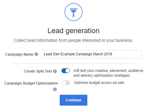 Facebook Lead Gen Split Test Selection