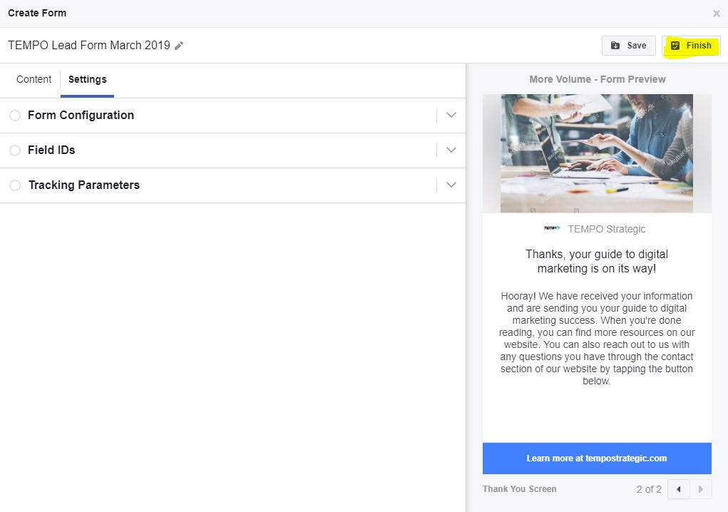 Facebook lead form review and finish button