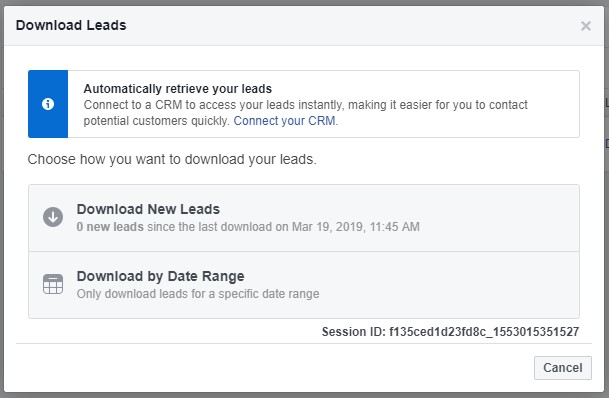 Facebook download leads options - new vs date range