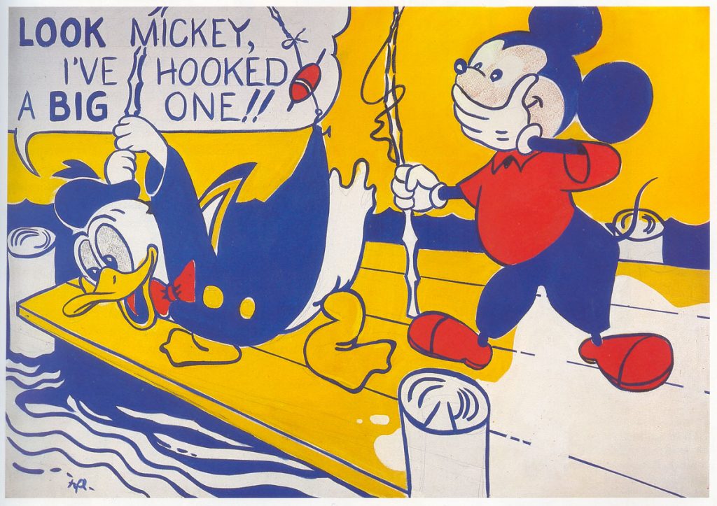 Roy Lichtenstein Mickey and Daffy catching a fish as a symbol of a bait and switch selling technique