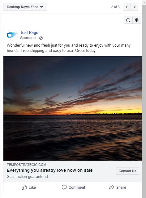 example of a Desktop view of a mocked up Facebook ad