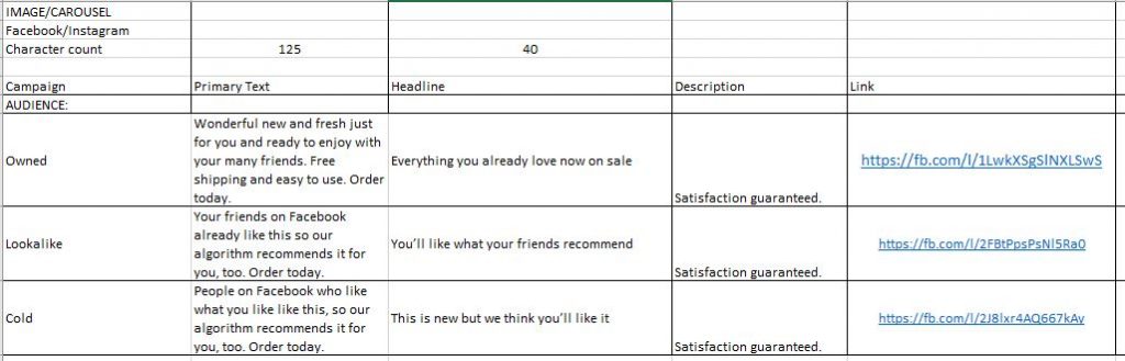 sample spreadsheet of multi-ad facebook campaign plan